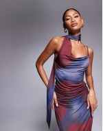 co-ord slinky cowl top with scarf detail and maxi skirt in blurred burgundy print