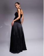 Alexa satin shoulder tie maxi dress in black